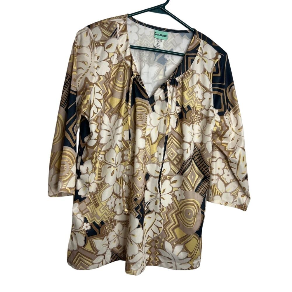 Sara Morgan Top Medium 3/4 Sleeve Blouse with Front Tie